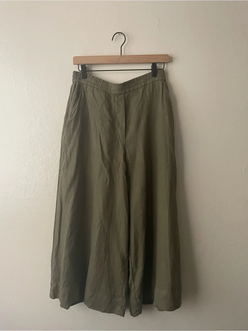 COS Olive Elastic Waist Wide Leg Cropped Linen Trousers